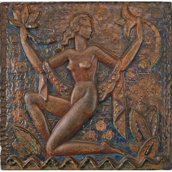 WAYLANDE GREGORY Art Deco plaque: WAYLANDE GREGORY (1905 - 1971) Large glazed ceramic plaque with nude, USA, 1930s; Signed W. Gregory in mold; 17" x 17 1/2" Provenance: Estate of Waylande Gregory, Dr. Thomas Folk