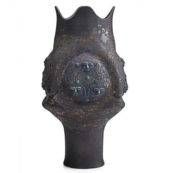 EDWIN AND MARY SCHEIER Large vase w/ figures: EDWIN SCHEIER (1910 - 2008) MARY SCHEIER (1908 - 2007) Monumental footed vase with figures and faces, Green Valley, AZ, 1966; Signed Scheier 66; 22 1/2" x 12"