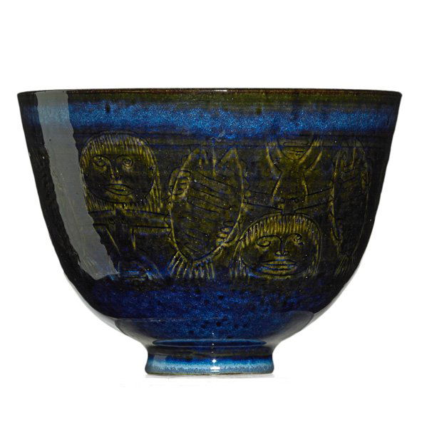 EDWIN AND MARY SCHEIER Bowl with figures and fish: EDWIN SCHEIER (1910 - 2008) MARY SCHEIER (1908 - 2007) Glazed ceramic bowl with figures and fish; Signed; 5" x 6 3/4"