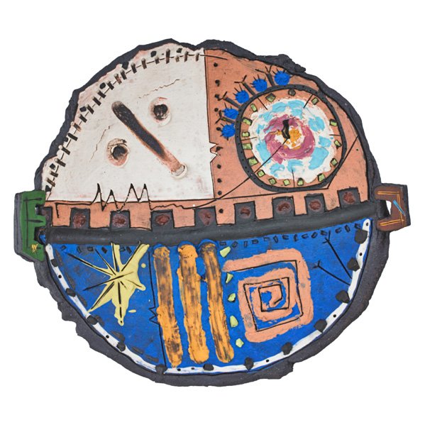 DON REITZ Slip-painted, carved, and glazed bowl: DON REITZ (b. 1929) Slip-painted, carved, and glazed stoneware bowl, Alfred, NY; Unmarked; 6" x 16 3/4"