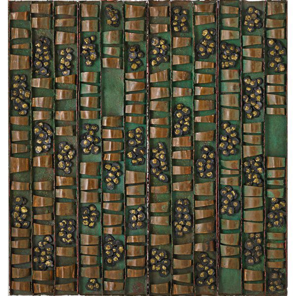 PAUL EVANS; PAUL EVANS STUDIO Looped-Front: PAUL EVANS (1931 - 1987) PAUL EVANS STUDIO Custom Looped-Front cabinet, New Hope, PA, 1960s; Verdigris-patinated copper, steel, bronze, gold-leafed and polychromed wood; Unmarked; 39" x 37" x 17 1/2"