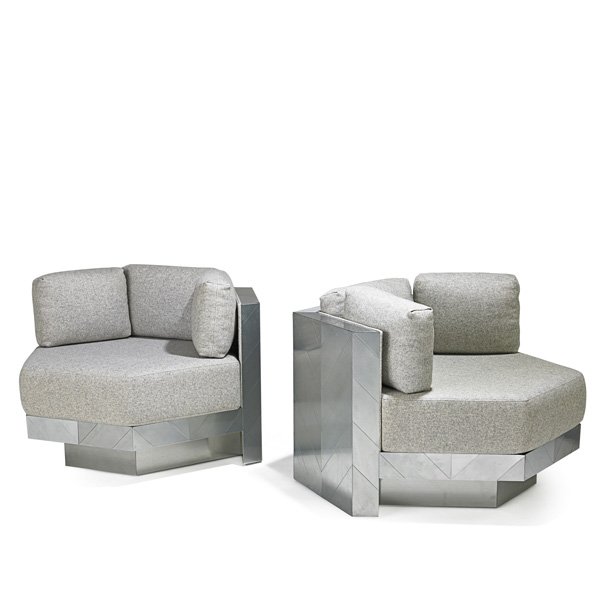 PAUL EVANS; Pair of Illuminated lounge chairs: PAUL EVANS (1931 - 1987) DIRECTIONAL Pair of illuminated modular lounge chairs, USA, 1970s; Matte-chromed steel, wool; Upholstery labels; 24" x 38" x 39 3/4"
