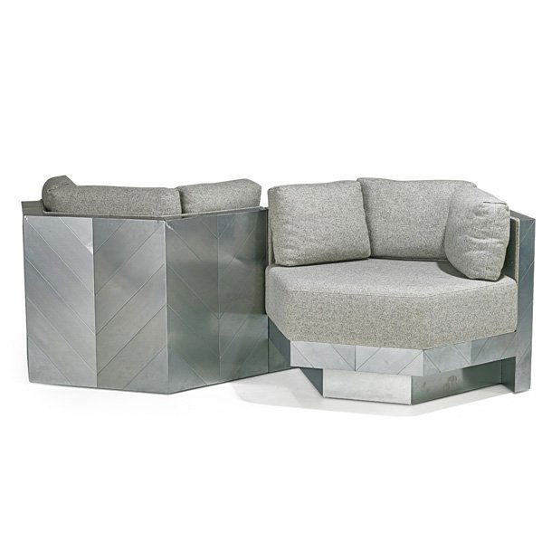 PAUL EVANS; Pair of Illuminated lounge chairs: PAUL EVANS (1931 - 1987) DIRECTIONAL Pair of illuminated modular lounge chairs, USA, 1970s; Matte-chromed steel, wool; Upholstery labels; 24" x 38" x 39 3/4"