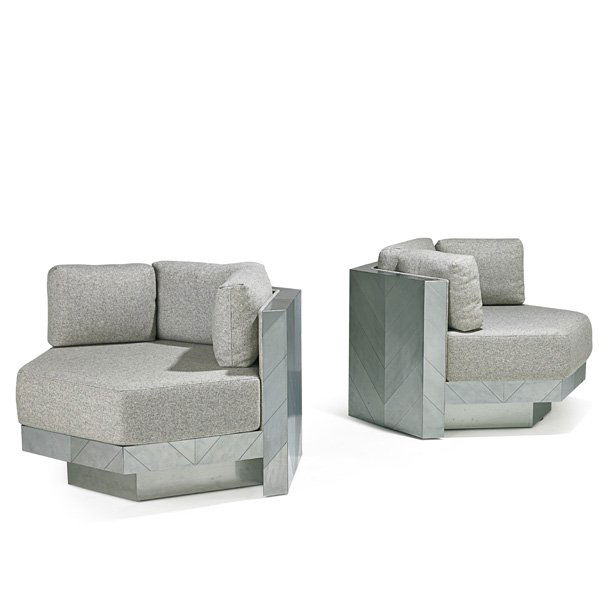 PAUL EVANS; Pair of Illuminated lounge chairs: PAUL EVANS (1931 - 1987) DIRECTIONAL Pair of illuminated modular lounge chairs, USA, 1970s; Matte-chromed steel, wool; Upholstery labels; 24" x 38" x 39 3/4"
