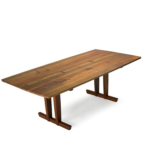 GEORGE NAKASHIMA Minguren IV dining table: GEORGE NAKASHIMA (1905 - 1990) NAKASHIMA STUDIOS Minguren IV dining table, New Hope, PA, 1981; Walnut, rosewood; Signed with client's name and date; 29" x 85" x 41 1/2" Provenance available: Copy of c