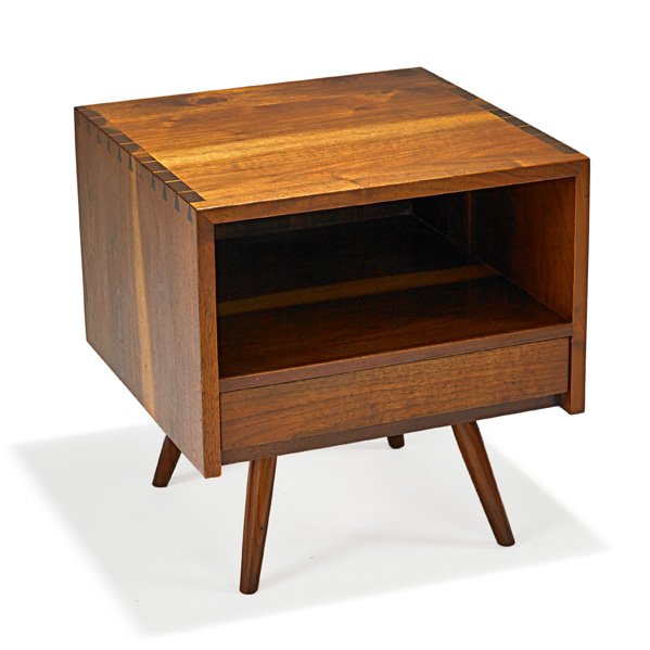 GEORGE NAKASHIMA Nightstand: GEORGE NAKASHIMA (1905 - 1990) NAKASHIMA STUDIOS Nightstand, New Hope, PA, 1960; American black walnut; Unmarked; 21 1/2" x 20" x 20" Provenance available: Copy of original invoice and drawing