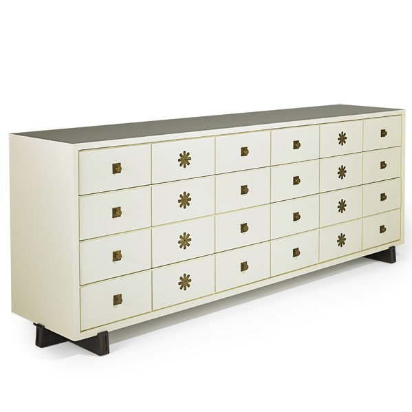 TOMMI PARZINGER Long dresser: TOMMI PARZINGER (1903 - 1981) PARZINGER ORIGINALS Long dresser, USA, 1950s; Lacquered wood, mahogany, brass; Branded; 32" x 84" x 18"