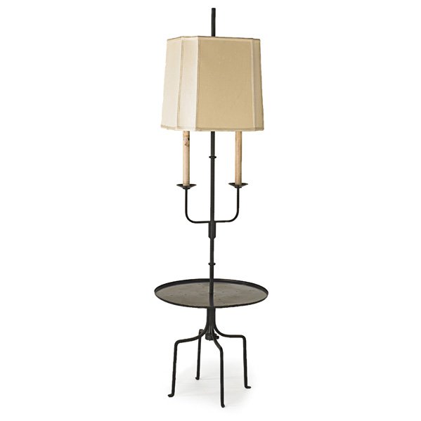 TOMMI PARZINGER Lamp table: TOMMI PARZINGER (1903 - 1981) PARZINGER ORIGINALS Lamp table, USA, 1950s; Enameled steel, linen, two sockets; Unmarked; 70" x 21 1/2" dia.