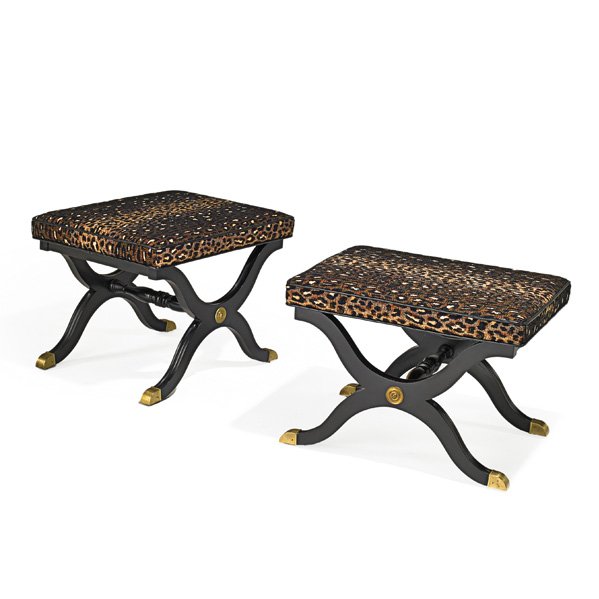 DOROTHY DRAPER; HERITAGE HENREDON Benches: DOROTHY DRAPER (1889 - 1969) HERITAGE HENREDON Pair of benches, USA, 1950s; Lacquered wood, brass, chenille, leather; Unmarked; 18" x 25" x 20"