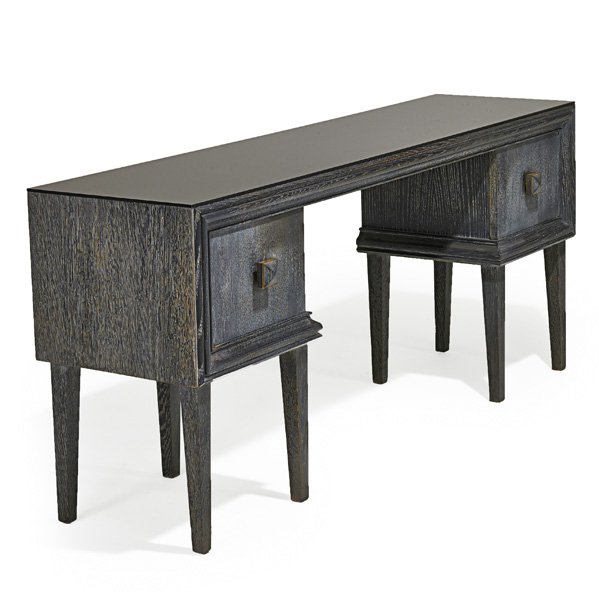 JAMES MONT Console: JAMES MONT (1904 - 1974) JAMES MONT DESIGN Console table, New York, 1960s; Cerused oak, brass, painted glass; Stamped; 28 1/2" x 66 1/2" x 17"