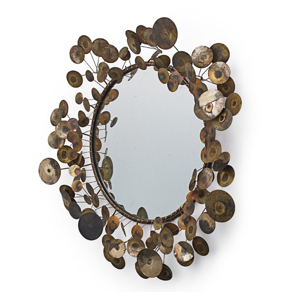C JERE "Raindrops" wall hanging mirror: C JERE ARTISAN HOUSE "Raindrops" wall hanging mirror, Los Angeles, 1968; Patinated copper, brass, mirrored glass; No visible signature; Appr. 34" dia. x 6"