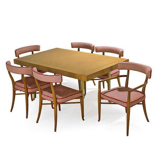 T.H. ROBSJOHN-GIBBINGS Dining table and six chairs: T.H. ROBSJOHN-GIBBINGS (1905 - 1976) WIDDICOMB Dining table and six chairs, four side-, two arm-, Grand Rapids, MI, 1950s; Bleached walnut, brass, upholstery; Dining table has decal label and stencile