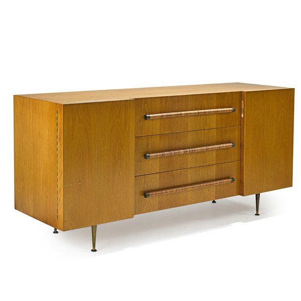 T.H. ROBSJOHN-GIBBINGS; WIDDICOMB Cabinet: T.H. ROBSJOHN-GIBBINGS (1905 - 1976) WIDDICOMB Cabinet, Grand Rapids, MI, 1950s; Bleached walnut, woven wicker, brass; Upholstery label; 32 1/4" x 67 1/2" x 21 1/2"