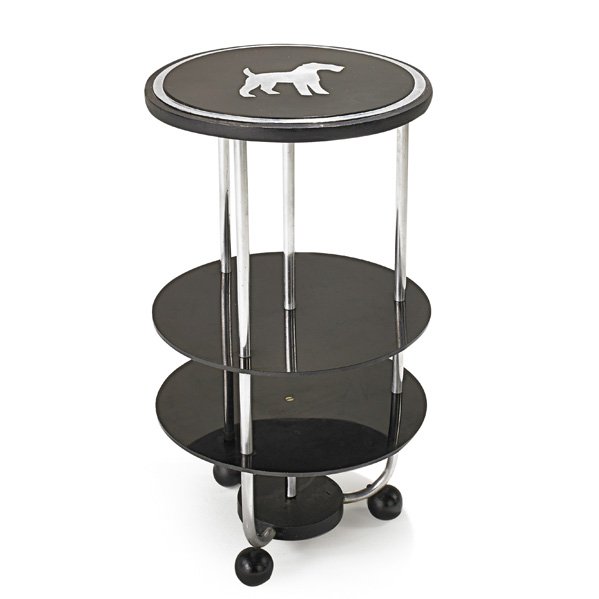 WALTER VON NESSEN (Attr.) Tiered side table: WALTER VON NESSEN (Attr.) (1889 - 1943) Tiered side table, USA, 1920s; Aluminum, Bakelite, ebonized wood; Unmarked; 27" x 15"