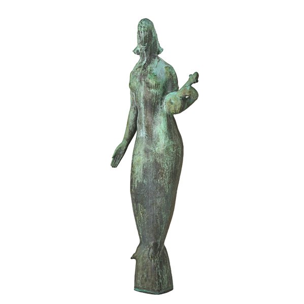 TED RANDALL Large bronze sculpture: TED RANDALL (1914 - 1985) Verdigris-patinated bronze nude sculpture with lute, Alfred, NY; 58" x 21" x 8"