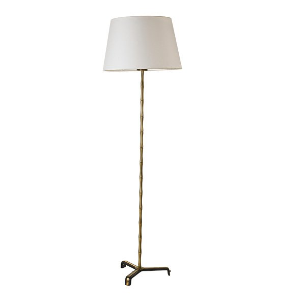 JACQUES ADNET (Attr.) Floor lamp: JACQUES ADNET (Attr.) (1901 - 1984) Floor lamp, France, 1960s; Brass, leather, linen, single socket; Unmarked; 70" x 21"