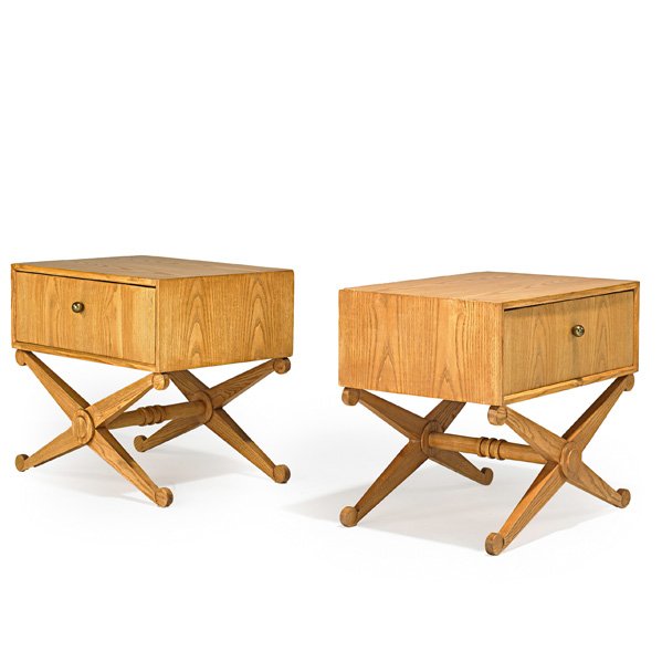 STYLE OF ANDRE ARBUS Nightstands: STYLE OF ANDRE ARBUS Pair of single-drawer nightstands, France, 1940s; Oak, brass; Unmarked; 19 3/4" x 22" x 16"