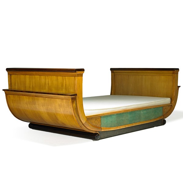 FRENCH Daybed: FRENCH Day bed, 1920s; Birch, rosewood, maple burl, shagreen, hammered and patinated steel, linen; Unmarked; 29" x 44 1/2" x 87"