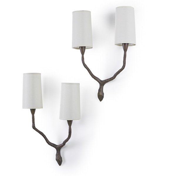 FELIX AGOSTINI Pair of sconces: FELIX AGOSTINI (1912 - 1974) Pair of sconces, France, 1960s; Patinated brass, linen shades, two sockets; Unmarked; 19" x 12 1/2" x 4 1/2"