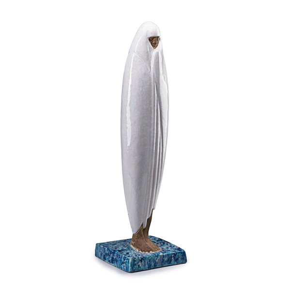 CELINE LEPAGE Figural ceramic sculpture: CELINE LEPAGE (1882 - 1928) Figural glazed ceramic sculpture, "La femme de Marrakech," France, 1920s; Several paper labels, signed C.L. at base; 29" x 8" x 8"