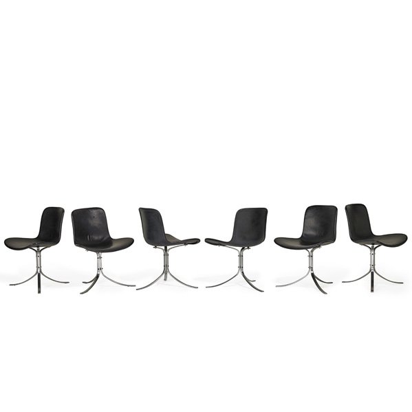 POUL KJAERHOLM Six PK9 chairs: POUL KJAERHOLM (1929 - 1980) E. KOLD CHRISTENSEN Six PK9 chairs, Denmark, 1960s; Matte-chromed steel, leather; All chairs stamped with E. Kold Christiansen logo, Denmark; 30" x 22" x 23"