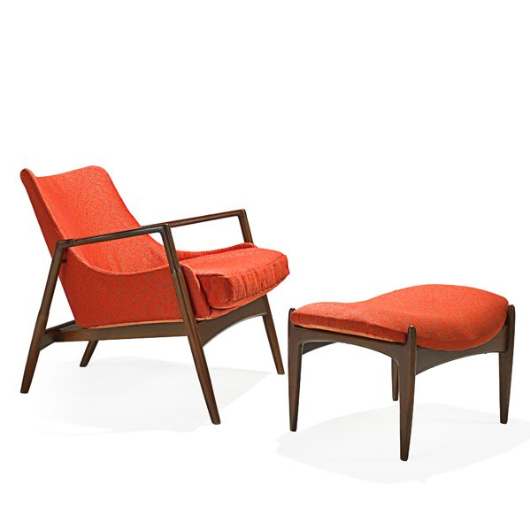 IB KOFOD-LARSEN Lounge chair and ottoman: IB KOFOD-LARSEN (1921 - 2003) SELIG Lounge chair and ottoman, Denmark, 1960s; Stained and lacquered beech, upholstery; Unmarked; Chair: 28 1/2" x 31 1/2" x 31", ottoman: 15" x 25 1/2" x 18 1/2"