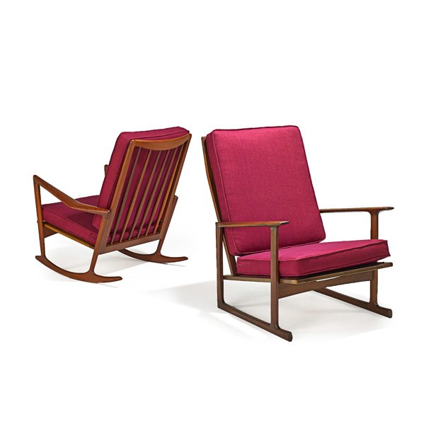 IB KOFOD-LARSEN Rocker and lounge chair: IB KOFOD-LARSEN (1921 - 2003) SELIG Rocker and lounge chair, Denmark, 1960s Sculpted teak, wool; Metal labels; Rocking chair: 37" x 32" x 36", lounge chair: 36" x 29" x 35"