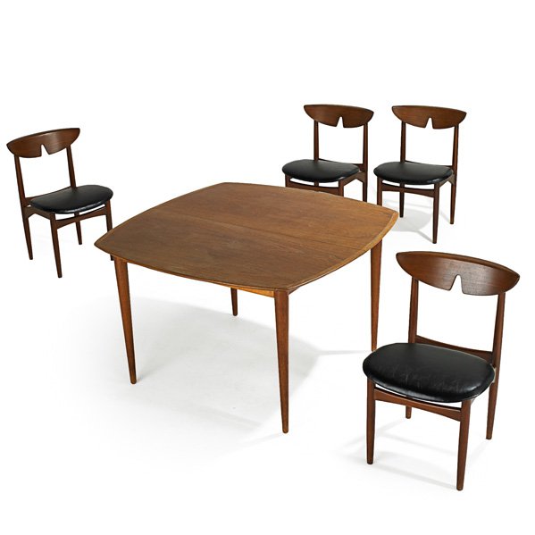 KURT ØSTERVIG Dining table and four chairs: KURT ØSTERVIG (1912 - 1986) K.P. MOBLER Dining table and four chairs, Norway/Denmark, 1960s; Teak, vinyl; Chairs branded, dining table stamped Made in Denmark; Table: 29" x 46 1/2" sq., two leaves: 1