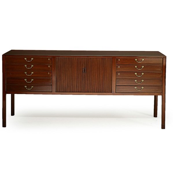 OLE WANSCHER Cabinet: OLE WANSCHER (1903 - 1985) A. J. IVERSEN SNEDKERMESTER Cabinet, Denmark, 1960s; Rosewood, teak, brass; Manufacturer's paper label; 34" x 75" x 21"