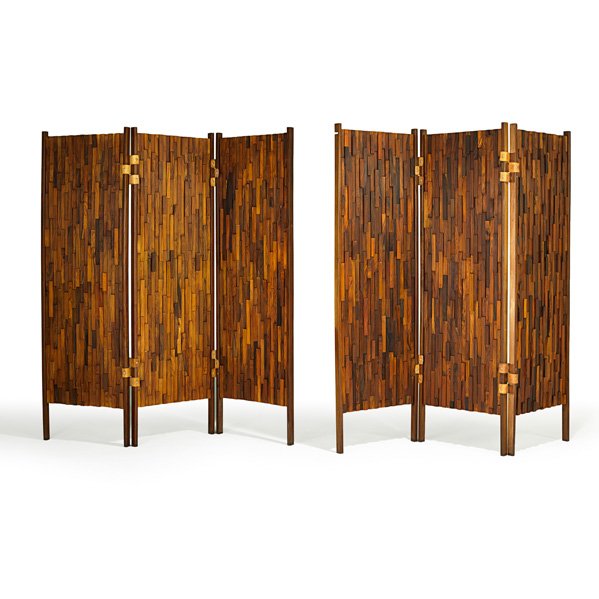 BRAZILIAN Pair of three-paneled screens: BRAZILIAN Pair of three-paneled screens, 1990s; Mixed hardwoods, masonite, leather; Unmarked; Overall: 69" x 88 1/2" x 1 1/2", each panel: 29 1/2" wide