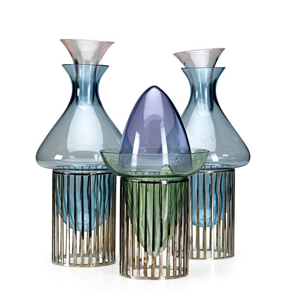 LINO SABATTINI Group of three Palaffita vessels: LINO SABATTINI (b. 1925) Group of three Palaffita vessels, Italy, 1970s; Silver plate, colored glass; Two bases stamped Sabattini Italy, one stamped Sabattini Made in Italy, with hallmark; 14" x 6 1/4