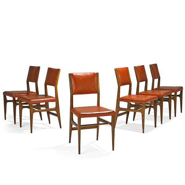 GIO PONTI; SINGER AND SONS Six dining chairs: GIO PONTI (1891 - 1979) SINGER AND SONS Six dining chairs (no. 116), Italy, 1950s; Italian walnut, vinyl; Unmarked; 34" x 17 1/2" x 21" Provenance: Private New York Collection
