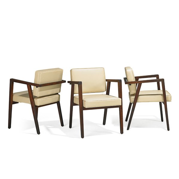 FRANCO ALBINI; KNOLL ASSOCIATES Three armchairs: FRANCO ALBINI (1905 - 1977) KNOLL ASSOCIATES Three armchairs, USA/Italy, 1950s; Walnut, leather; Unmarked; 31" x 22" x 24"