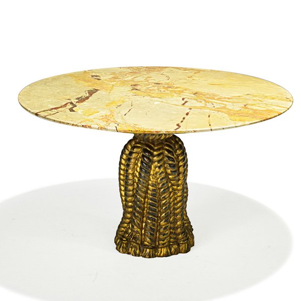 ITALIAN Occasional table: ITALIAN Occasional table, 1940s; Gilt wood, marble; Italian export label; 21 1/2" x 36" dia.