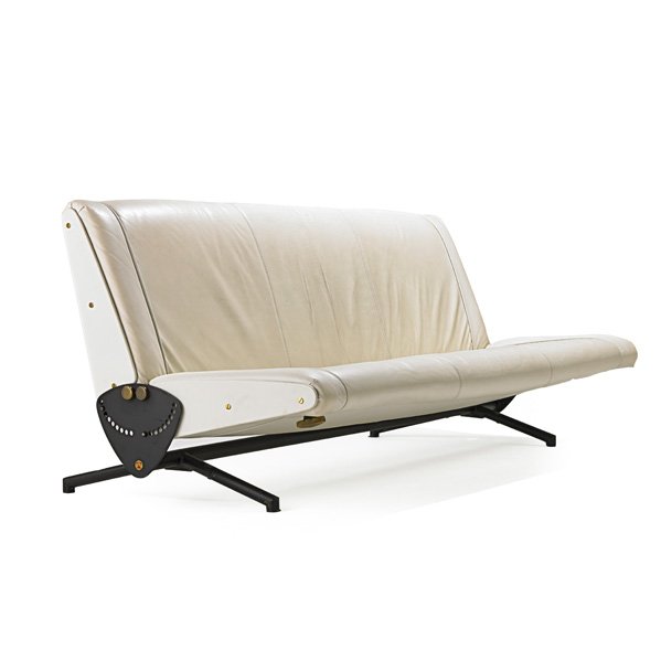 OSVALDO BORSANI; TECNO D70 Sofa: OSVALDO BORSANI (1911 - 1985) TECNO D70 sofa, Italy, 1950s; Leather, enameled steel, brass, rubber; Brass and decal labels; 32" x 75 1/2" x 32"