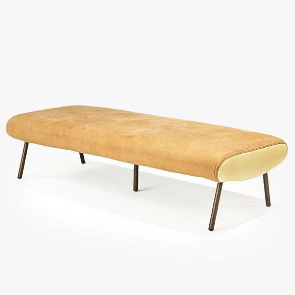 MARCO ZANUSO; ARFLEX Bench: MARCO ZANUSO (1916 - 2001) ARFLEX Bench, Italy, 1950s; Suede, leather, brass; Unmarked; 13 1/2" x 53 1/2" x 23"