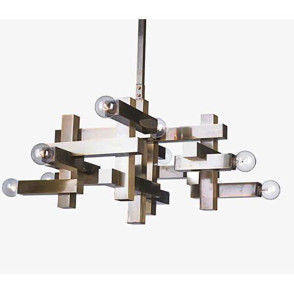 GAETANO SCIOLARI Chandelier: GAETANO SCIOLARI Chandelier, Italy, 1970s; Brass, cast glass, ten sockets; Manufacturer's sticker; 32" x 25" x 26"