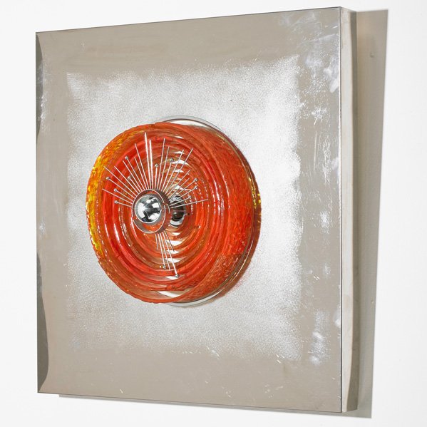 ANGELO BROTTO; ESPERIA Sculpture: ANGELO BROTTO (1914 - 2002) ESPERIA Illuminating sculpture, Italy, 1960s; Polished stainless steel, textured glass; Signed; 6 1/2" x 31 1/2" sq.