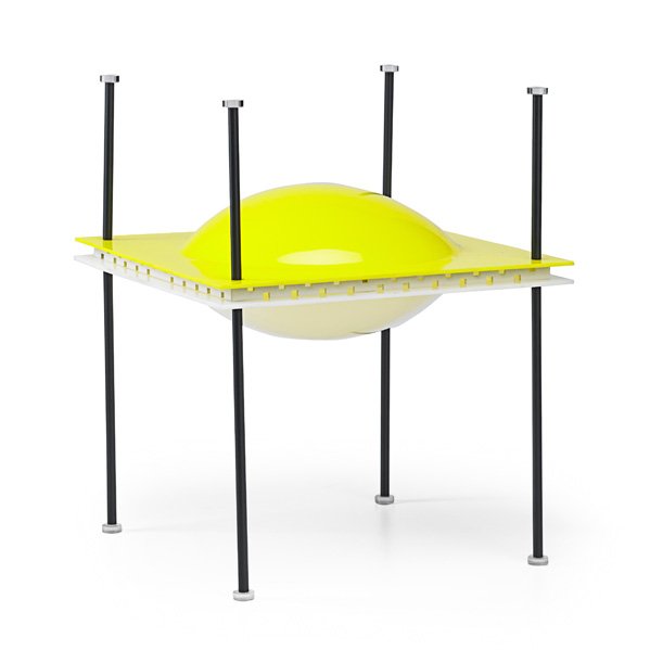 ETTORE SOTTSASS; ARREDOLUCE UFO lamp: ETTORE SOTTSASS (1917 - 2007) ARREDOLUCE UFO lamp, Italy, 1950s; Plastic, enameled brass, Lucite, single sockets; Unmarked; 14" x 11" sq.