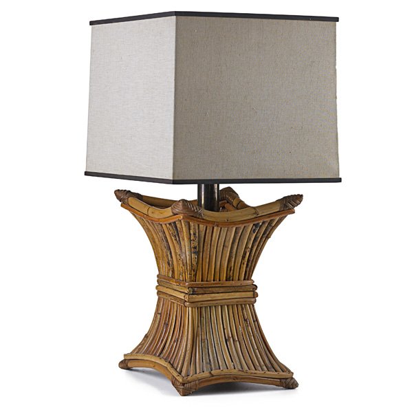 GABRIELLA CRESPI Bamboo table lamp: GABRIELLA CRESPI (b. 1922) Table lamp, Italy, 1970s; Bamboo, brass, linen shade, two sockets; Unmarked; Overall: 30 1/4" x 16" x 16"