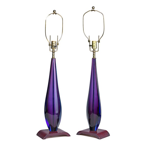 FLAVIO POLI Pair of sommerso glass table lamps: FLAVIO POLI (1900 - 1984) Pair of sommerso glass table lamps, Italy, 1960s; Glass, painted wood, brass, single sockets; Unmarked; Overall: 35" x 8" x 5", glass only: 19 3/4" x 6" x 3"