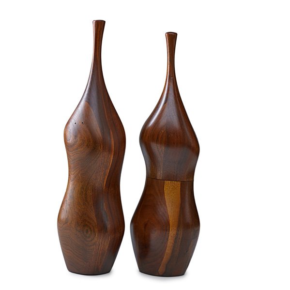 DANIEL LOOMIS VALENZA Salt and pepper mill set: DANIEL LOOMIS VALENZA (b. 1934) Oversized laminated wood salt and pepper mill set, New Hampshire, 1970s; Unmarked; Each appr. 15 1/2" x 3 1/2" x 4"