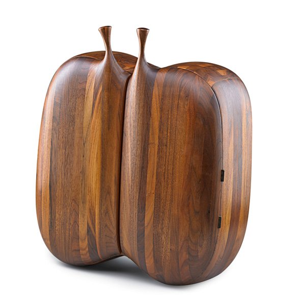 DANIEL LOOMIS VALENZA Two-door cabinet: DANIEL LOOMIS VALENZA (b. 1934) Laminated wood two-door cabinet, New Hampshire, 1970s; Unmarked; 22" x 18" x 9"