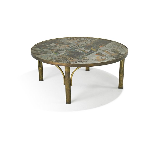 PHILIP AND KELVIN LaVERNE Chan coffee table: PHILIP LaVERNE (1908 - 1988) KELVIN LaVERNE (b. 1936) Chan coffee table, New York, 1960s; Etched, patinated and enameled bronze, pewter, glass; Raised signature and paper label; 17" x 40" dia.