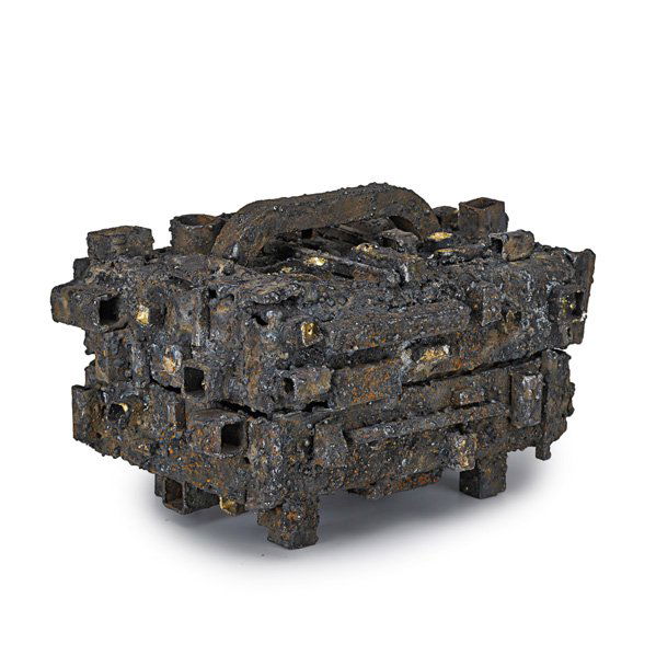 JAMES BEARDEN (b. 1964) "Servant" box: JAMES BEARDEN (b. 1964) "Servant" box from the "Lunar Ledge" series, Des Moines, IA; Torch-cut, welded, and blackened steel, bronze, copper; Unmarked; 6 ¼” x 10” x 7 ¾” Provenance available: C