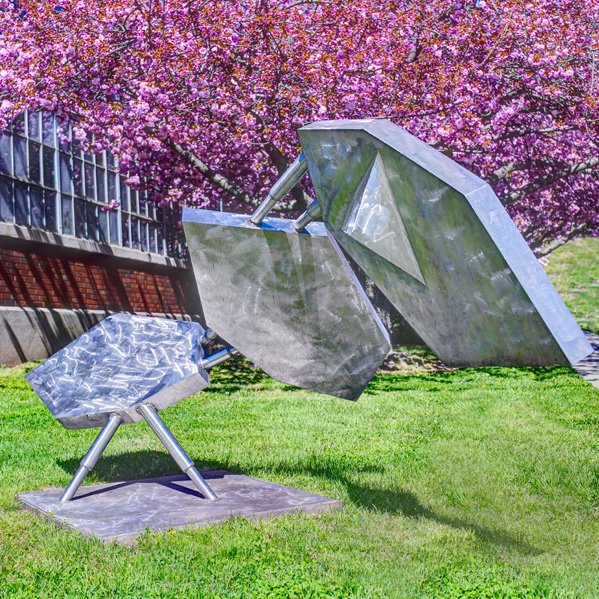 DAVID C. SAVAGE Outdoor sculpture: DAVID C. SAVAGE (1923 - 2004) Large stainless steel outdoor sculpture, Princeton, NJ, 1969; Signed and dated; Overall: 51" x 107" x 48", base only: 37" sq.