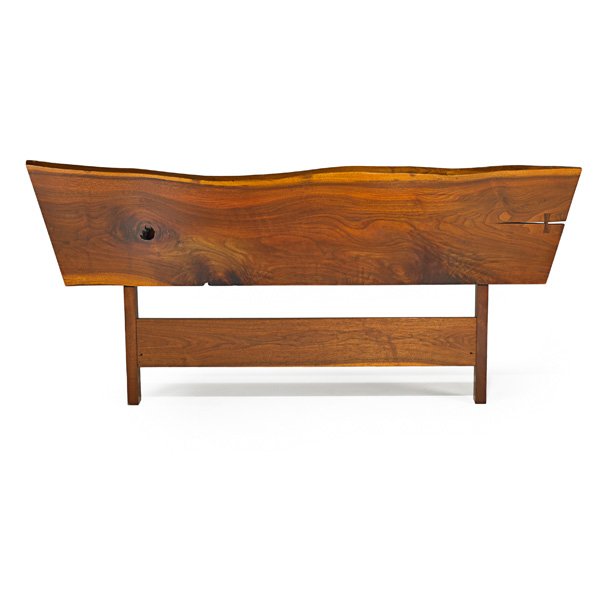 GEORGE NAKASHIMA Headboard: GEORGE NAKASHIMA (1905 - 1990) NAKASHIMA STUDIOS Full-sized Plank headboard, New Hope, PA, 1960s; Walnut, rosewood; Signed with client's name; 39" x 74" x 4 1/4" Provenance available: Copy of original