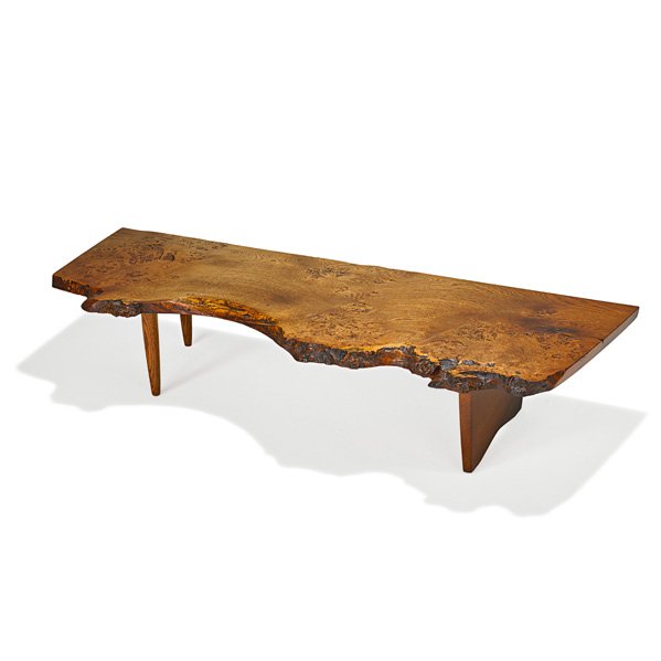 GEORGE NAKASHIMA Conoid coffee table: GEORGE NAKASHIMA (1905 - 1990) NAKASHIMA STUDIOS Conoid coffee table, New Hope, PA, 1960s; English oak burl, oak; Signed with client's name; 12 1/2" x 23 1/4" x 62 3/4" Provenance available: Copy of o