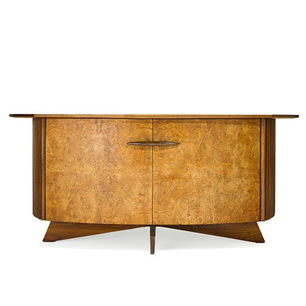 GEORGE NAKASHIMA; WIDDICOMB Origins cabinet: GEORGE NAKASHIMA (1905 - 1990) WIDDICOMB Origins cabinet (no. 247-L), Grand Rapids, MI, 1950s; Laurel, carpathian elm, walnut; Fabric label; 32" x 74" x 21 1/2"