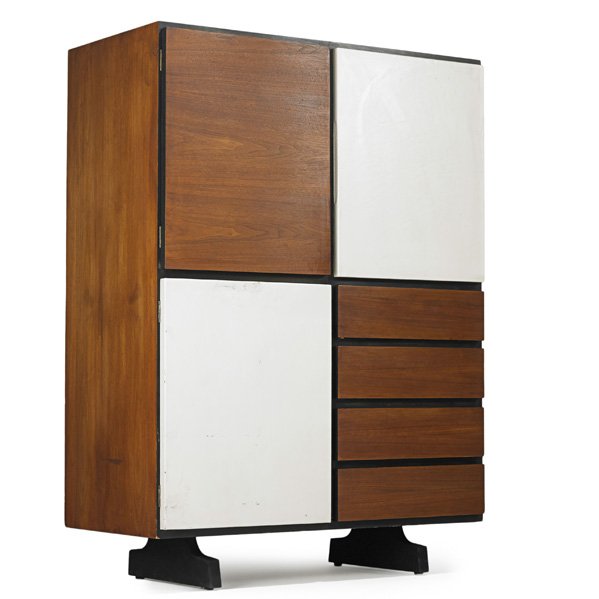 VLADIMIR KAGAN; GROSFELD HOUSE Cabinet: VLADIMIR KAGAN (b. 1927) GROSFELD HOUSE Cabinet, USA, 1940s; Walnut, leather; Foil label; 53 1/2" x 39" x 19 1/2"